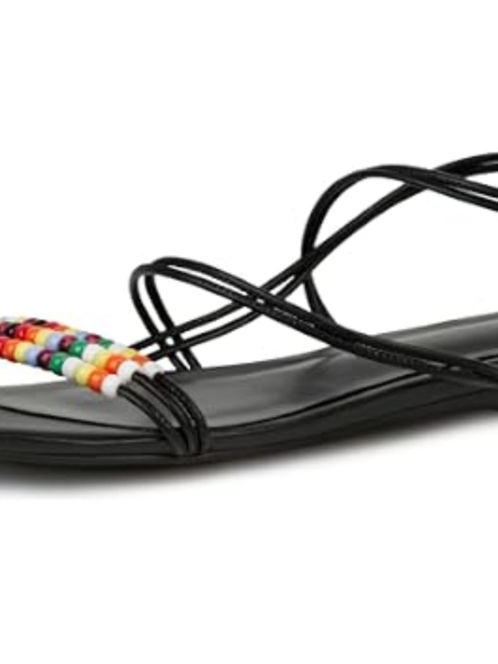 SUIARA Black Strappy Flat Sandals Women Round Open Toe Beaded Flats Ankle Strap